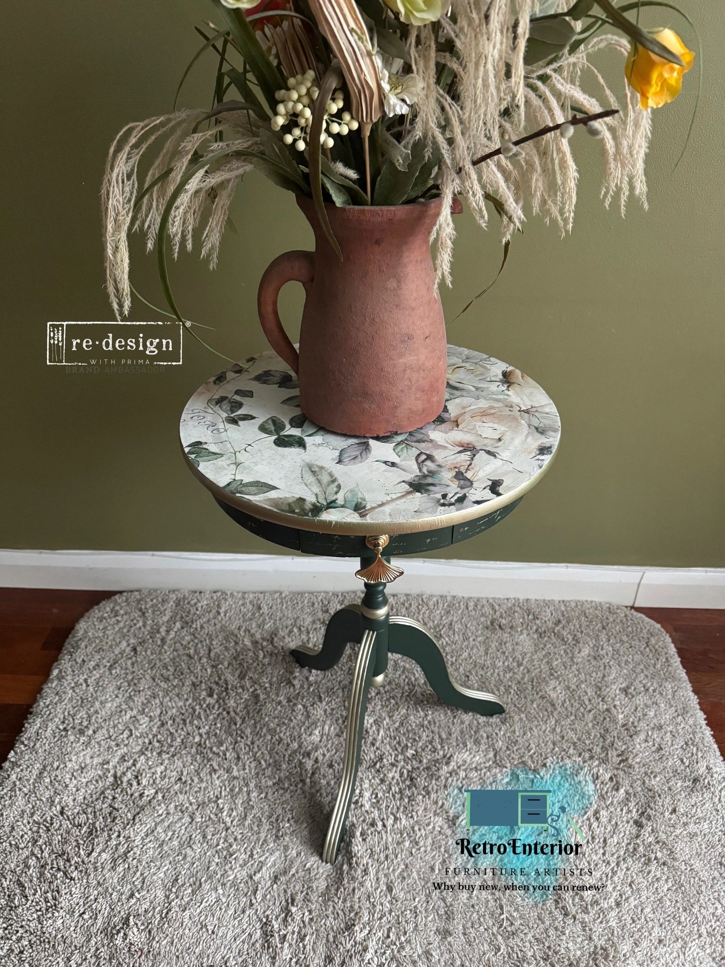 Elegant Upcycled Side Table | Deep Green French Rose Plant Stand with Gold Accents