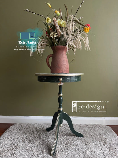 Elegant Upcycled Side Table | Deep Green French Rose Plant Stand with Gold Accents