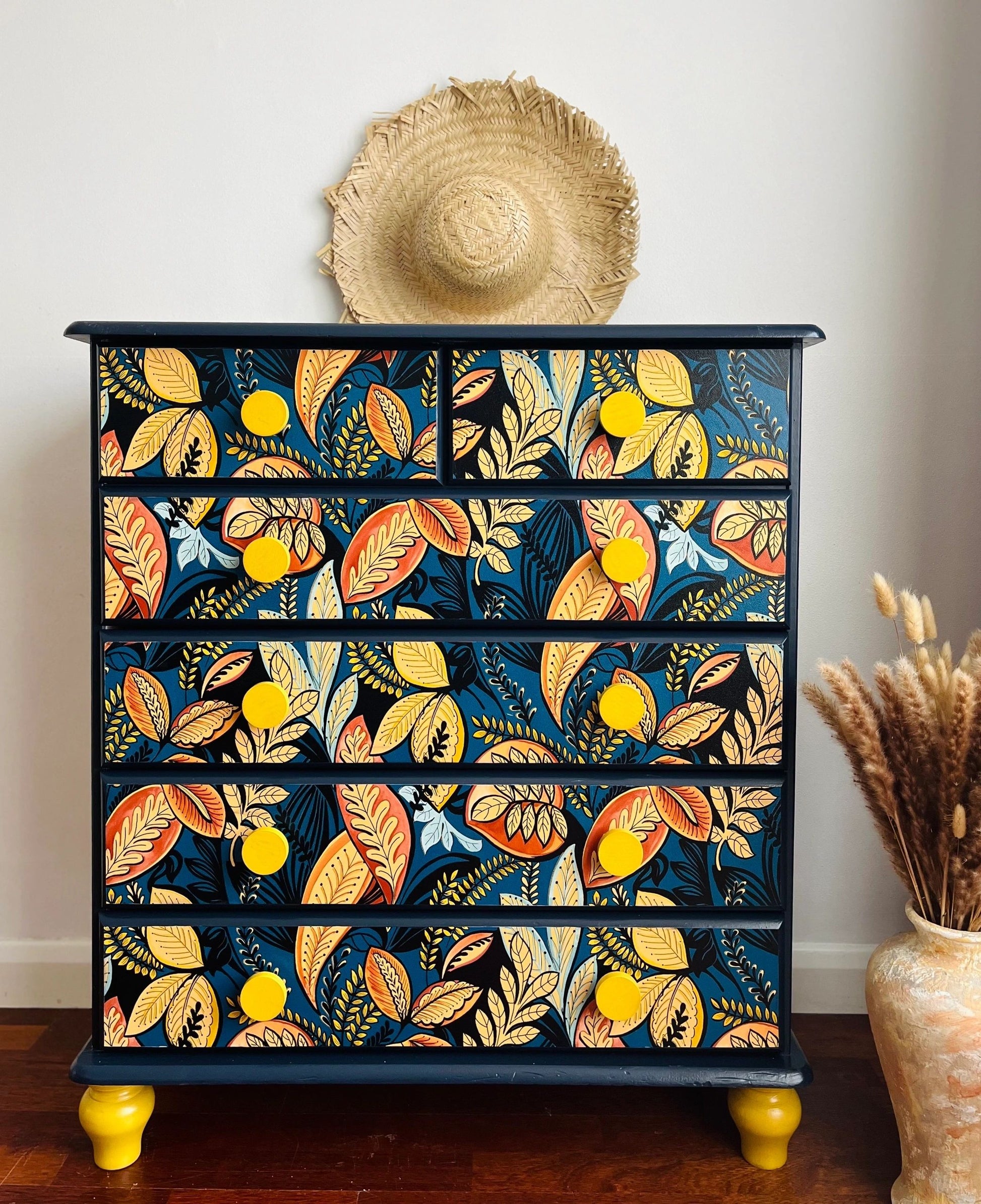 Farm house style blue and yellow floral pine chest of drawers – RetroEnterior Furniture Artistry Ltd