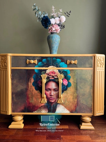 Floral Abstract art Mustard antique/vintage upcycled Sideboard