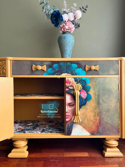 Floral Abstract art Mustard antique/vintage upcycled Sideboard