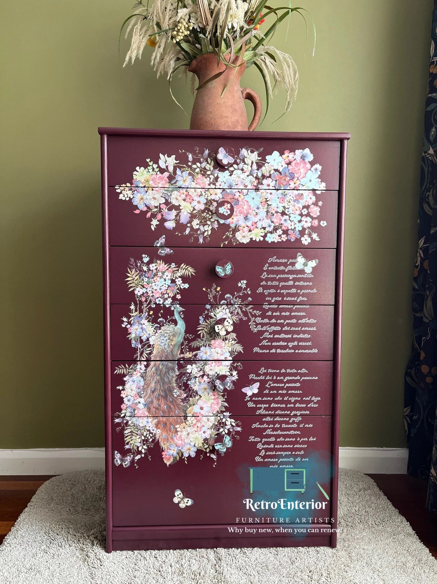 Floral Peacock chest of drawers- Maroon