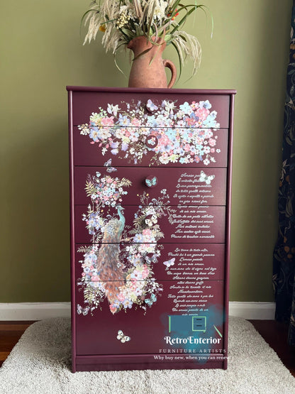 Floral Peacock chest of drawers- Maroon