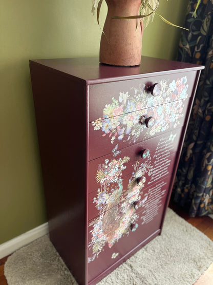 Floral Peacock chest of drawers- Maroon