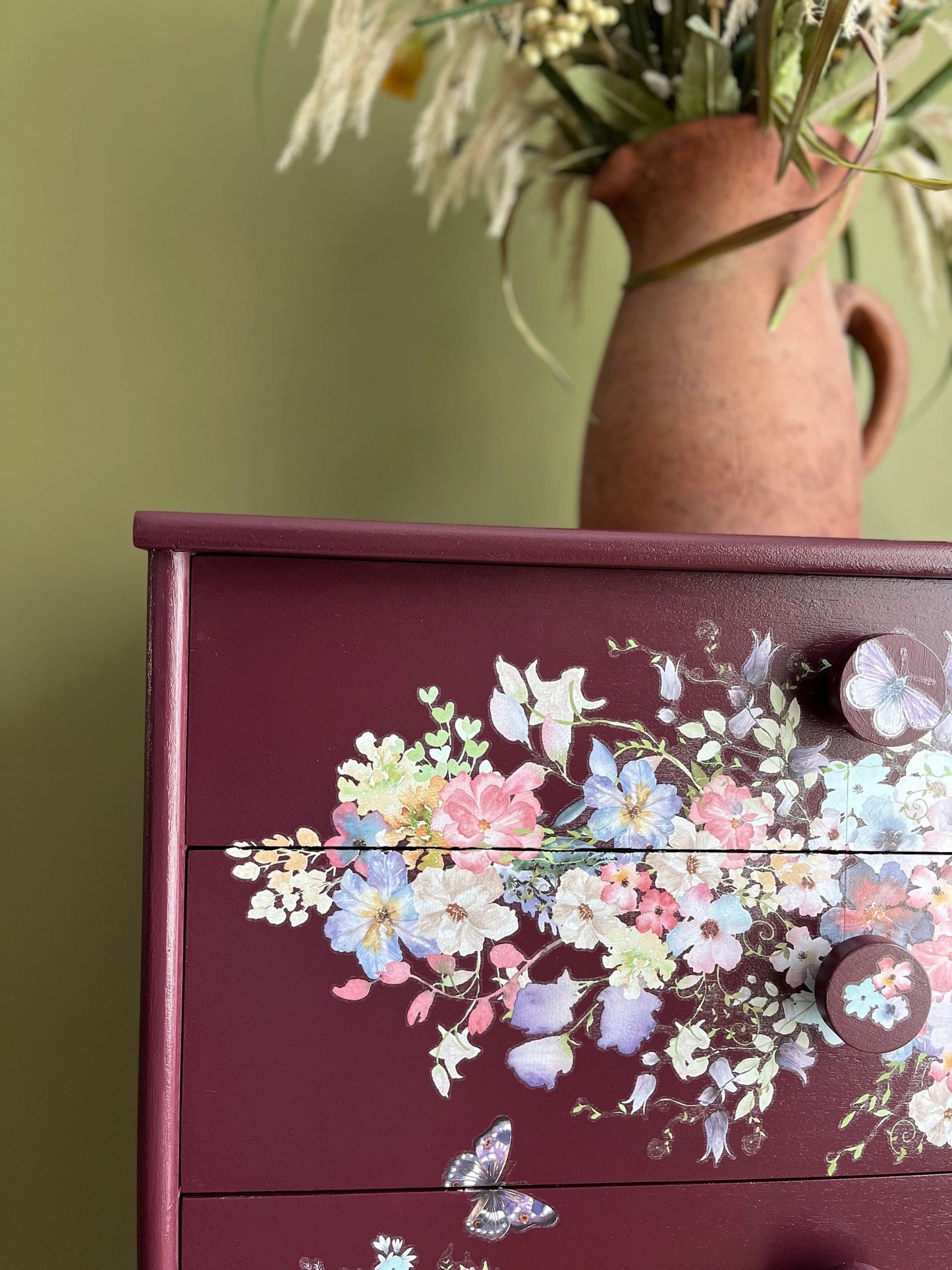 Floral Peacock chest of drawers- Maroon