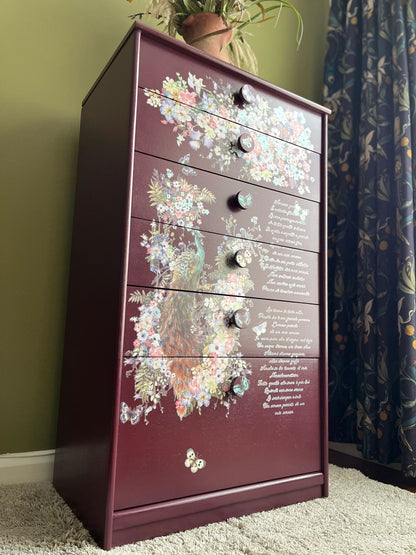 Floral Peacock chest of drawers- Maroon