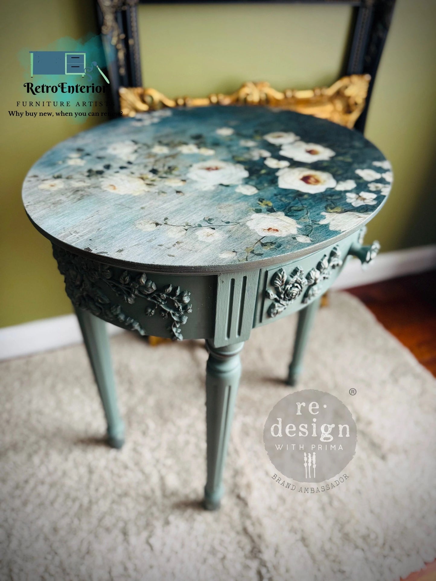 French Style Rose Embellishment Bedside Table – Eco-Friendly Steaming Green / Duck Egg Blue with Gold Wax Highlights and Floral Decoupage Top