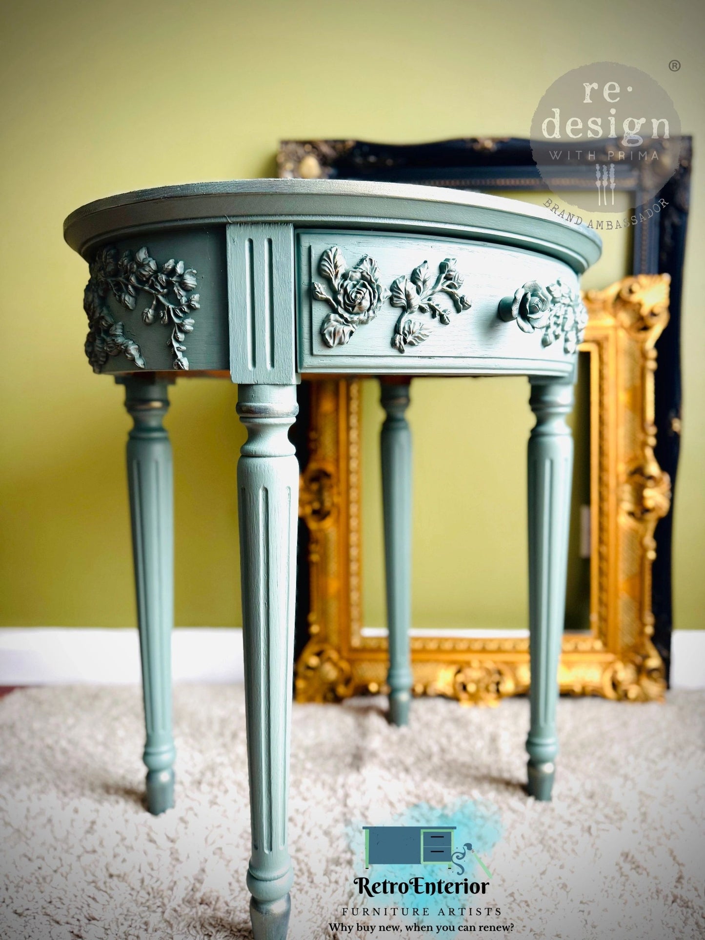 French Style Rose Embellishment Bedside Table – Eco-Friendly Steaming Green / Duck Egg Blue with Gold Wax Highlights and Floral Decoupage Top