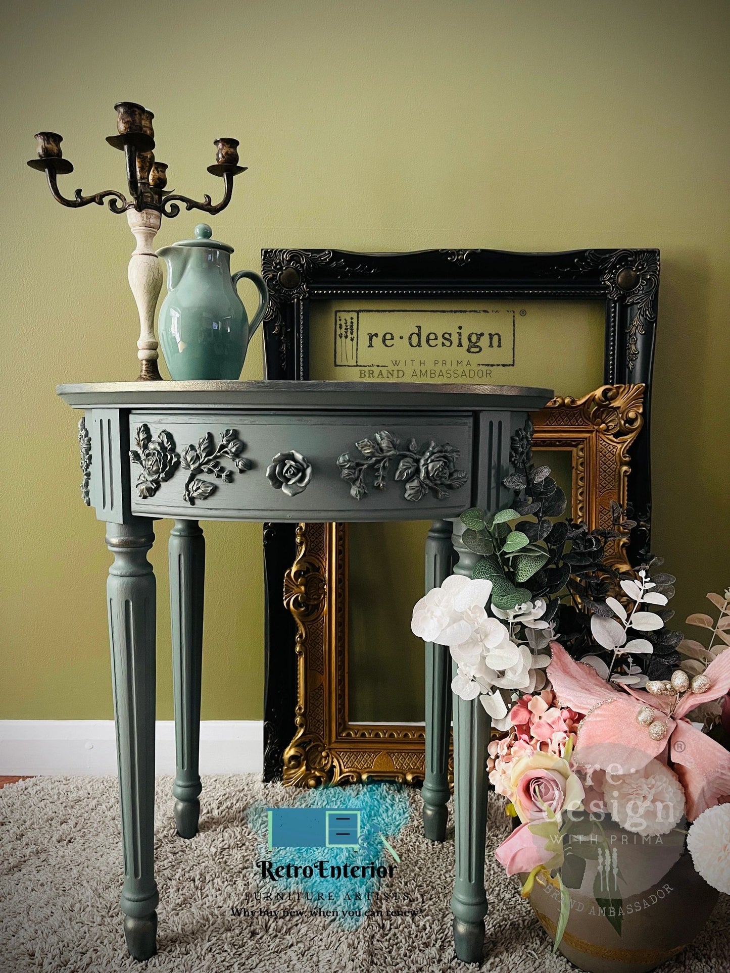 French Style Rose Embellishment Bedside Table – Eco-Friendly Steaming Green / Duck Egg Blue with Gold Wax Highlights and Floral Decoupage Top