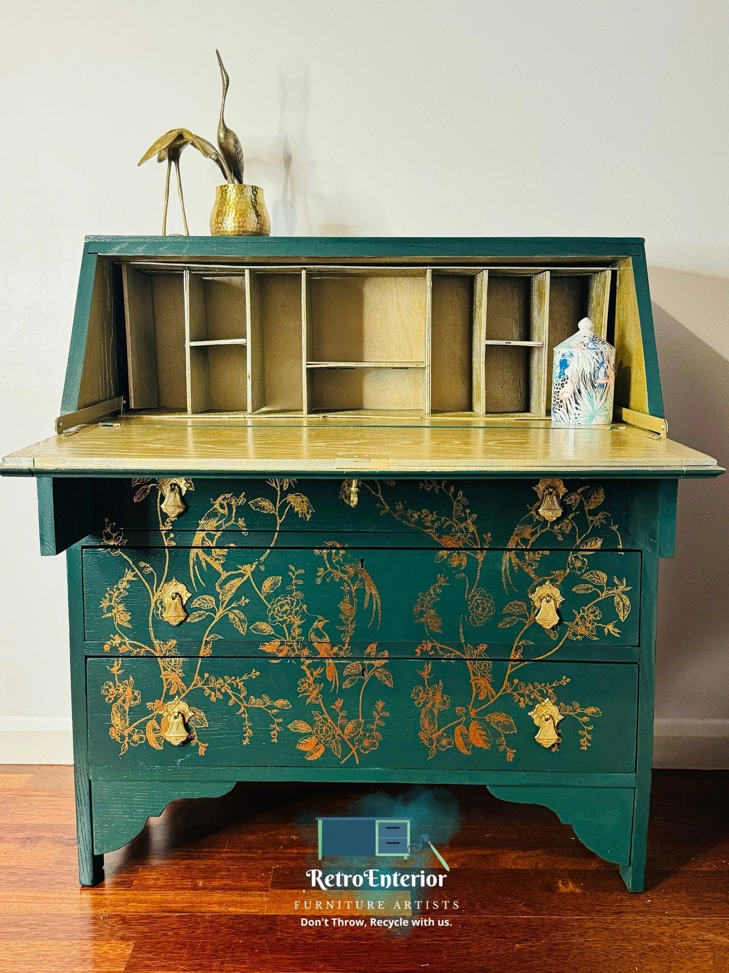 Gold and green bird/floral writing/secretary desk/bureau