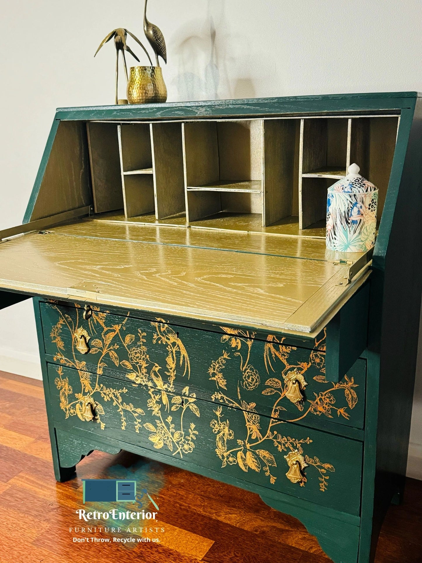 Gold and green bird/floral writing/secretary desk/bureau