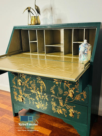 Gold and green bird/floral writing/secretary desk/bureau