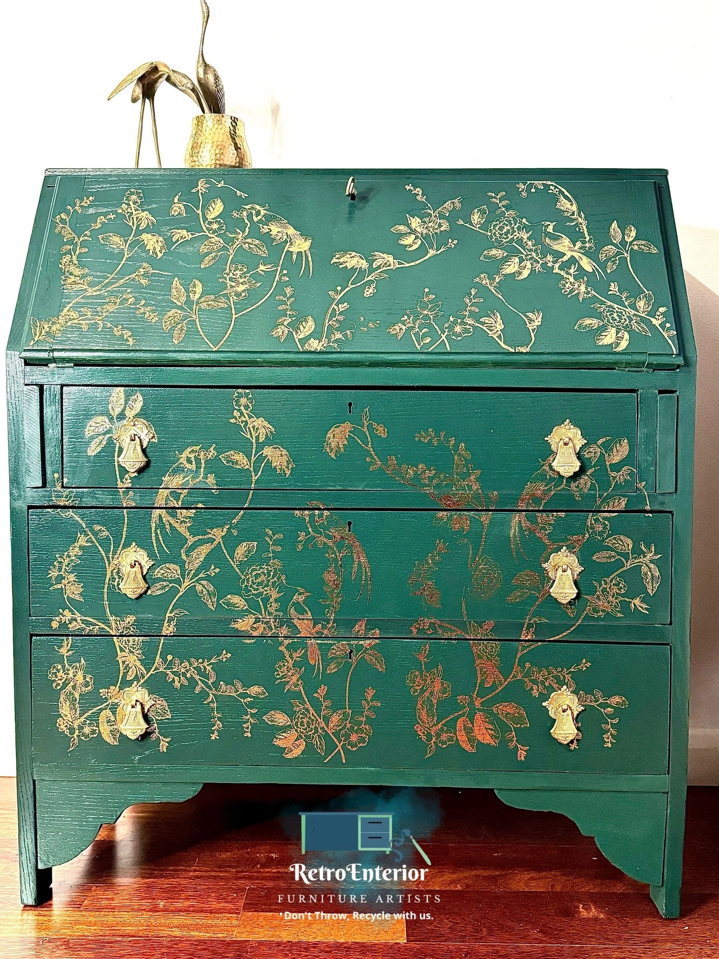 Gold and green bird/floral writing/secretary desk/bureau