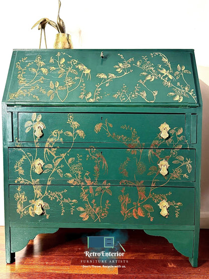 Gold and green bird/floral writing/secretary desk/bureau