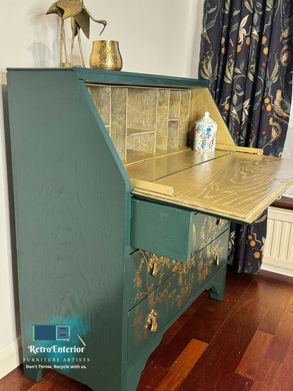 Gold and green bird/floral writing/secretary desk/bureau