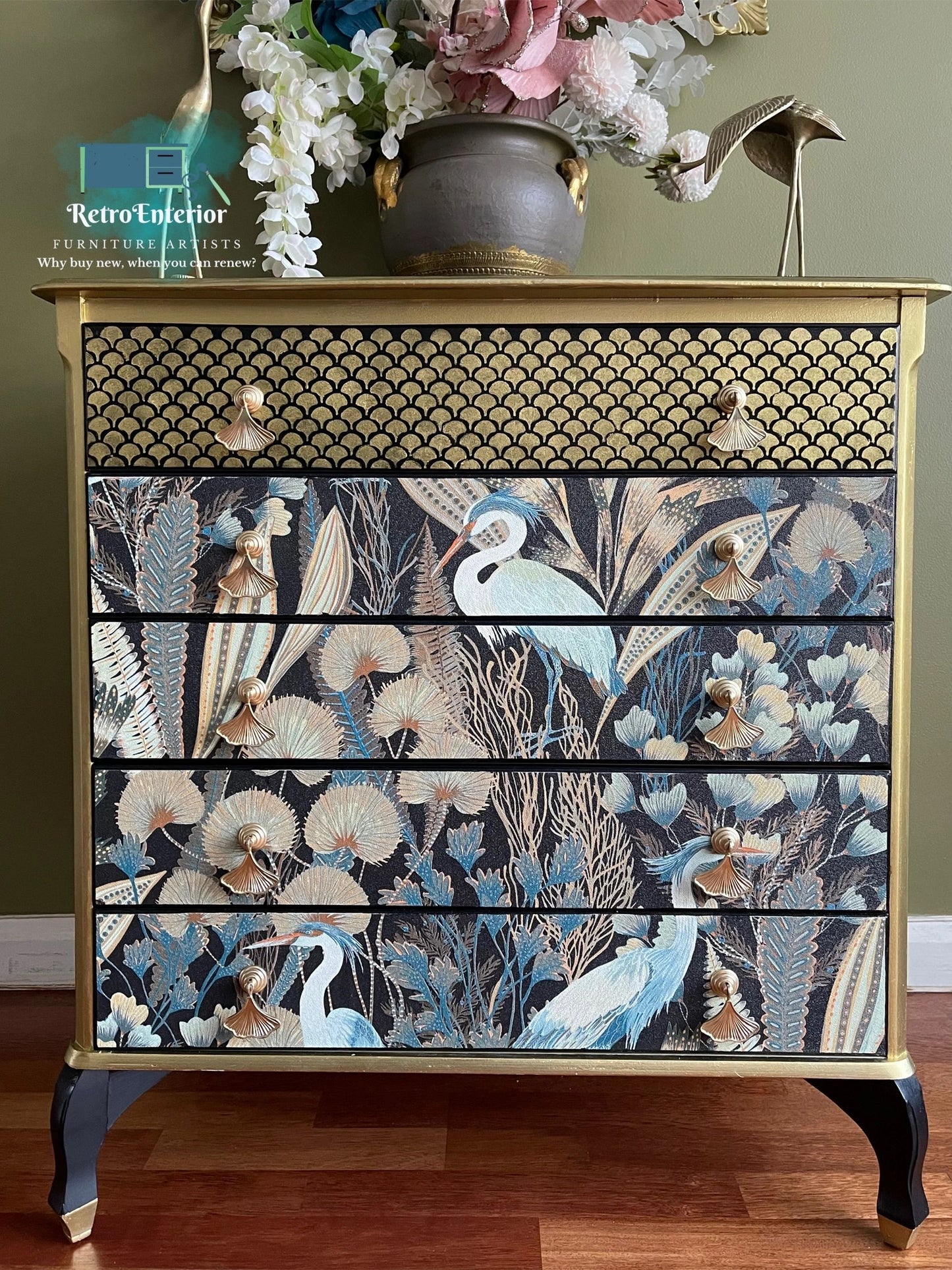 Golden Heron Botanical Chest of Drawers – Hand-Painted Statement Piece