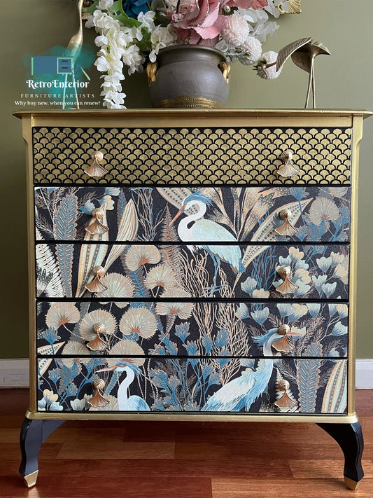 Golden Heron Botanical Chest of Drawers – Hand-Painted Statement Piece