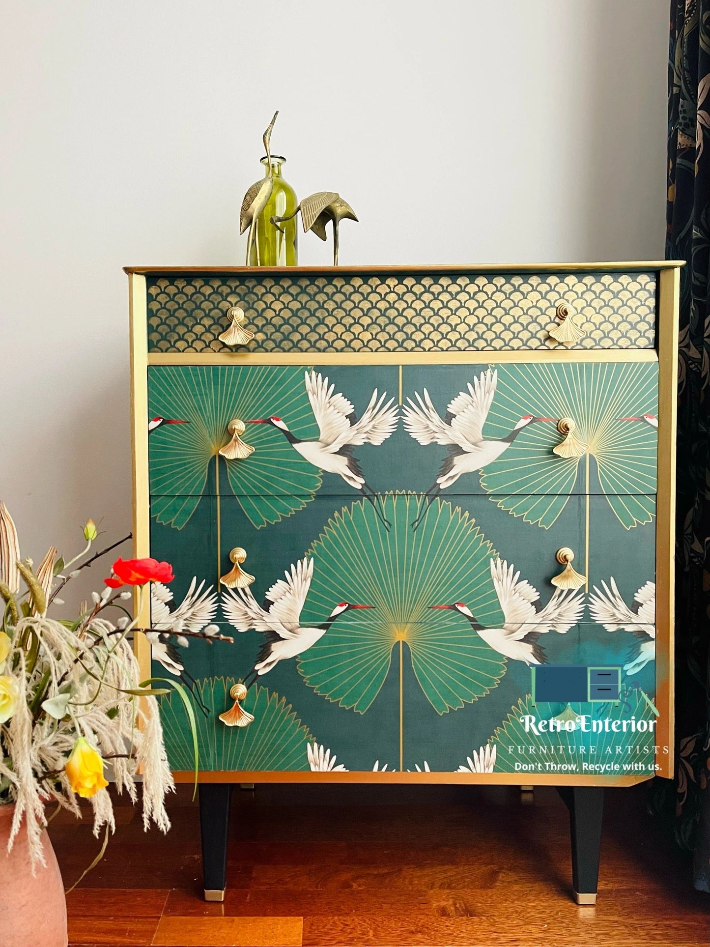 Golden Skylines: Repurposed Green and Gold Chest of Drawers Detailed with Flying Cranes