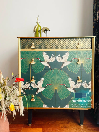 Golden Skylines: Repurposed Green and Gold Chest of Drawers Detailed with Flying Cranes