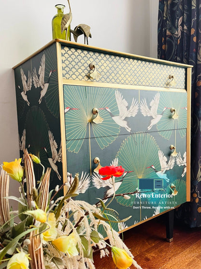 Golden Skylines: Repurposed Green and Gold Chest of Drawers Detailed with Flying Cranes