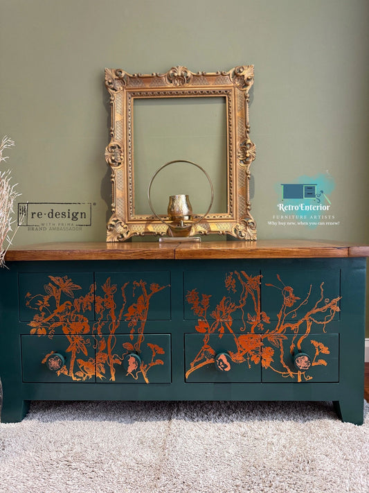 Green and copper Coffee table with bird design-Upcycled-Avaialble for commission