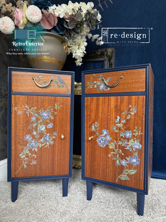 Hand Painted Mid-Century Modern Bedside Tables – Blue Floral Wooden Nightstands (Pair)