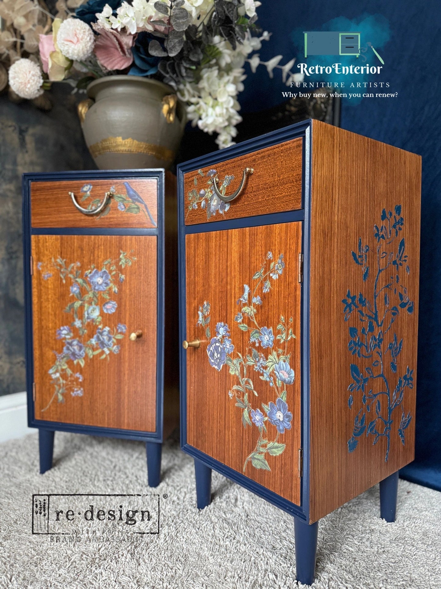 Hand Painted Mid-Century Modern Bedside Tables – Blue Floral Wooden Nightstands (Pair)