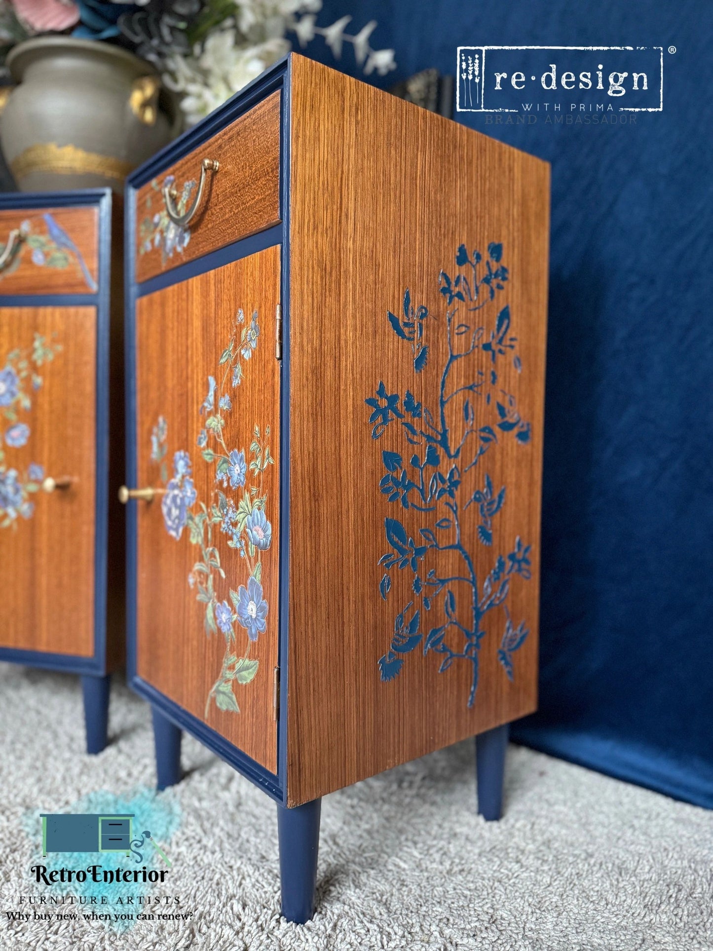 Hand Painted Mid-Century Modern Bedside Tables – Blue Floral Wooden Nightstands (Pair)
