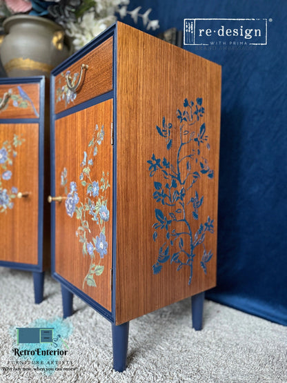 Hand Painted Mid-Century Modern Bedside Tables – Blue Floral Wooden Nightstands (Pair)