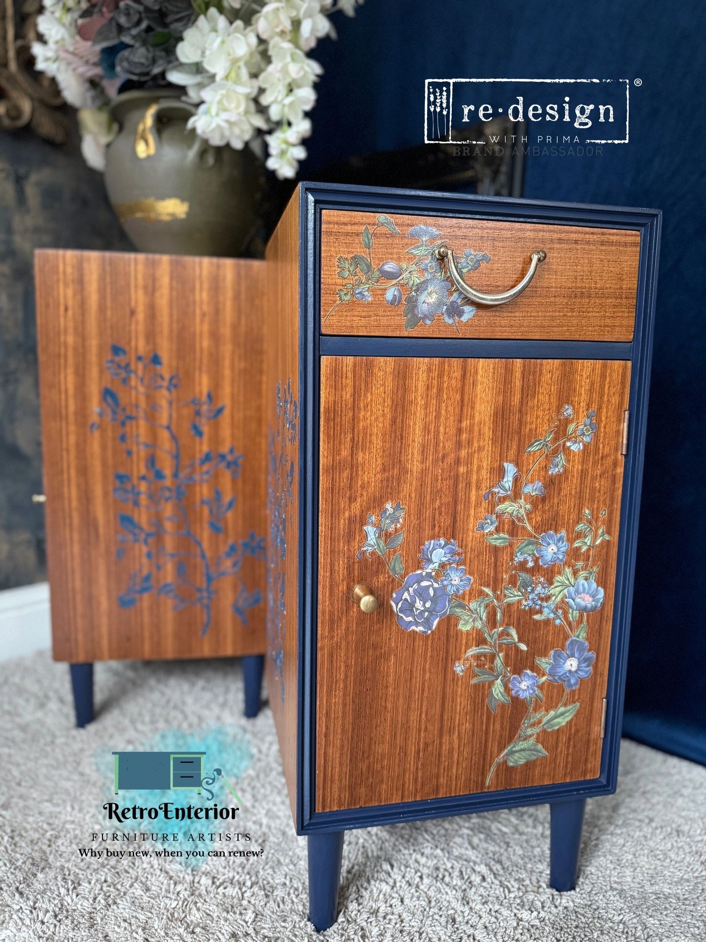 Hand Painted Mid-Century Modern Bedside Tables – Blue Floral Wooden Nightstands (Pair)