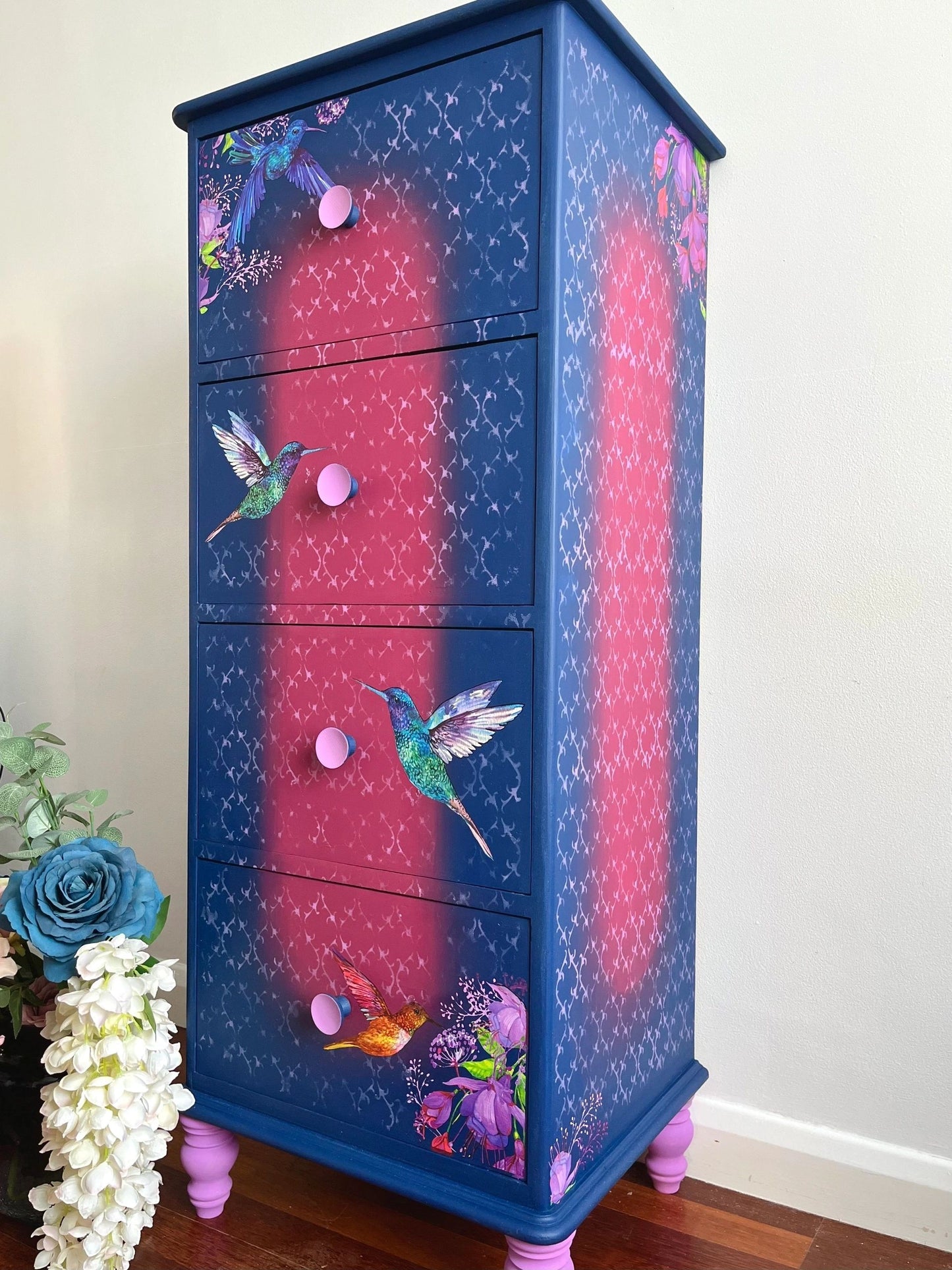 Hummingbird And Fuchsia Design Pine Tall Boy.