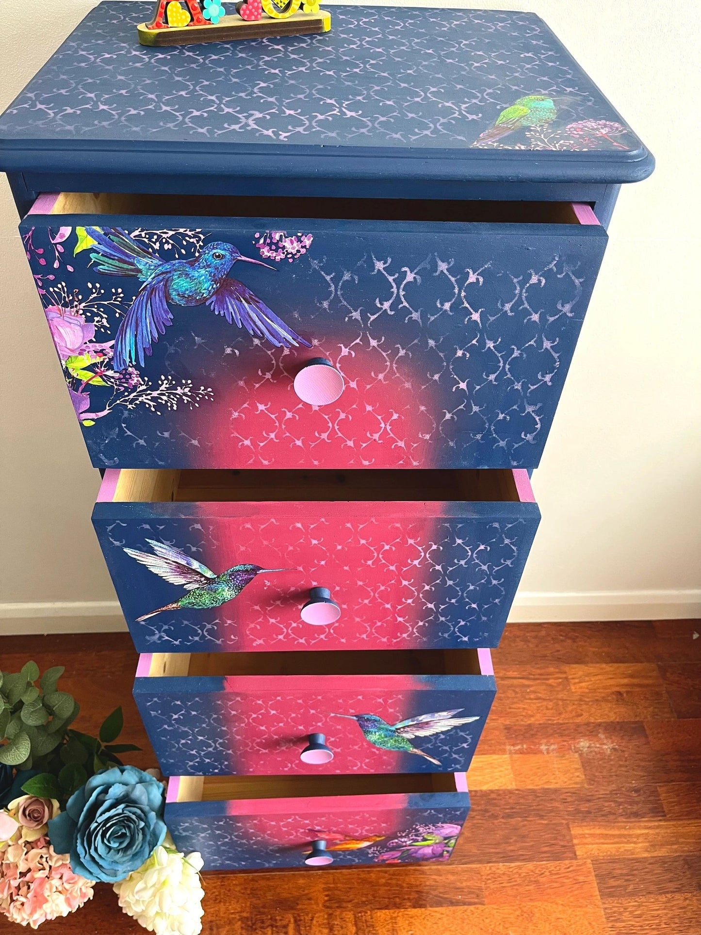 Hummingbird And Fuchsia Design Pine Tall Boy.
