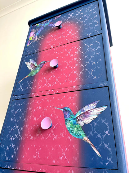 Hummingbird And Fuchsia Design Pine Tall Boy.
