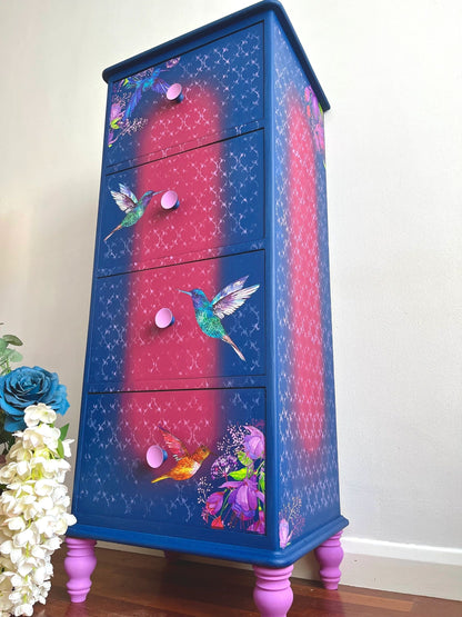 Hummingbird And Fuchsia Design Pine Tall Boy.