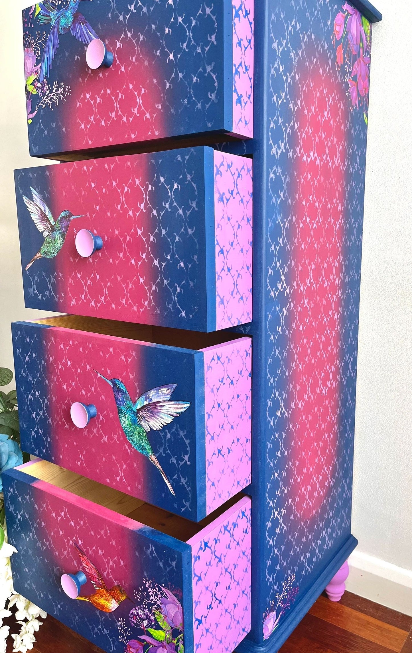 Hummingbird And Fuchsia Design Pine Tall Boy.