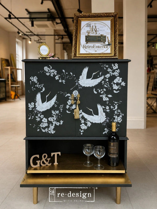 Luxury Upcycled Cocktail Cabinet – Oriental Drinks Cabinet with Crane Design, Gold Leaf & LED Lighting