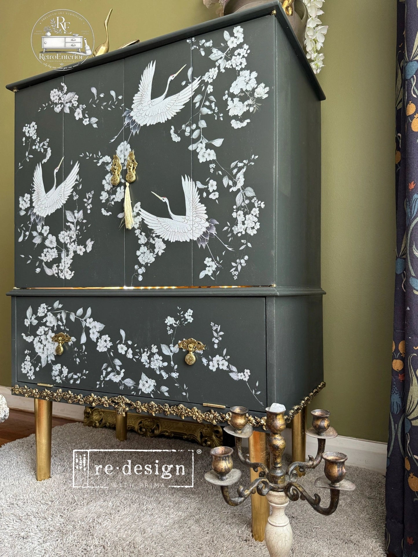Luxury Upcycled Cocktail Cabinet – Oriental Drinks Cabinet with Crane Design, Gold Leaf & LED Lighting