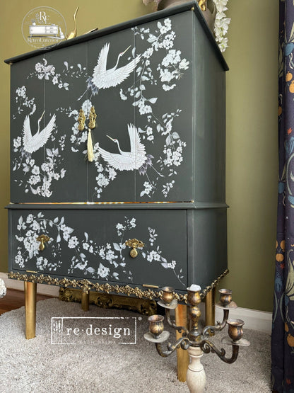 Luxury Upcycled Cocktail Cabinet – Oriental Drinks Cabinet with Crane Design, Gold Leaf & LED Lighting
