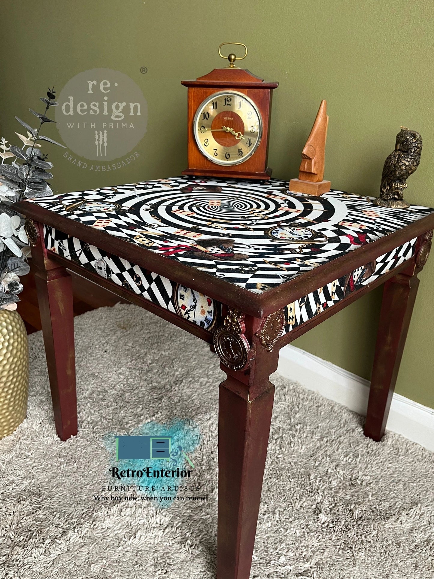 Maroon Side Table with Alice in Wonderland Decoupage & Vintage Clock Leg Embellishments