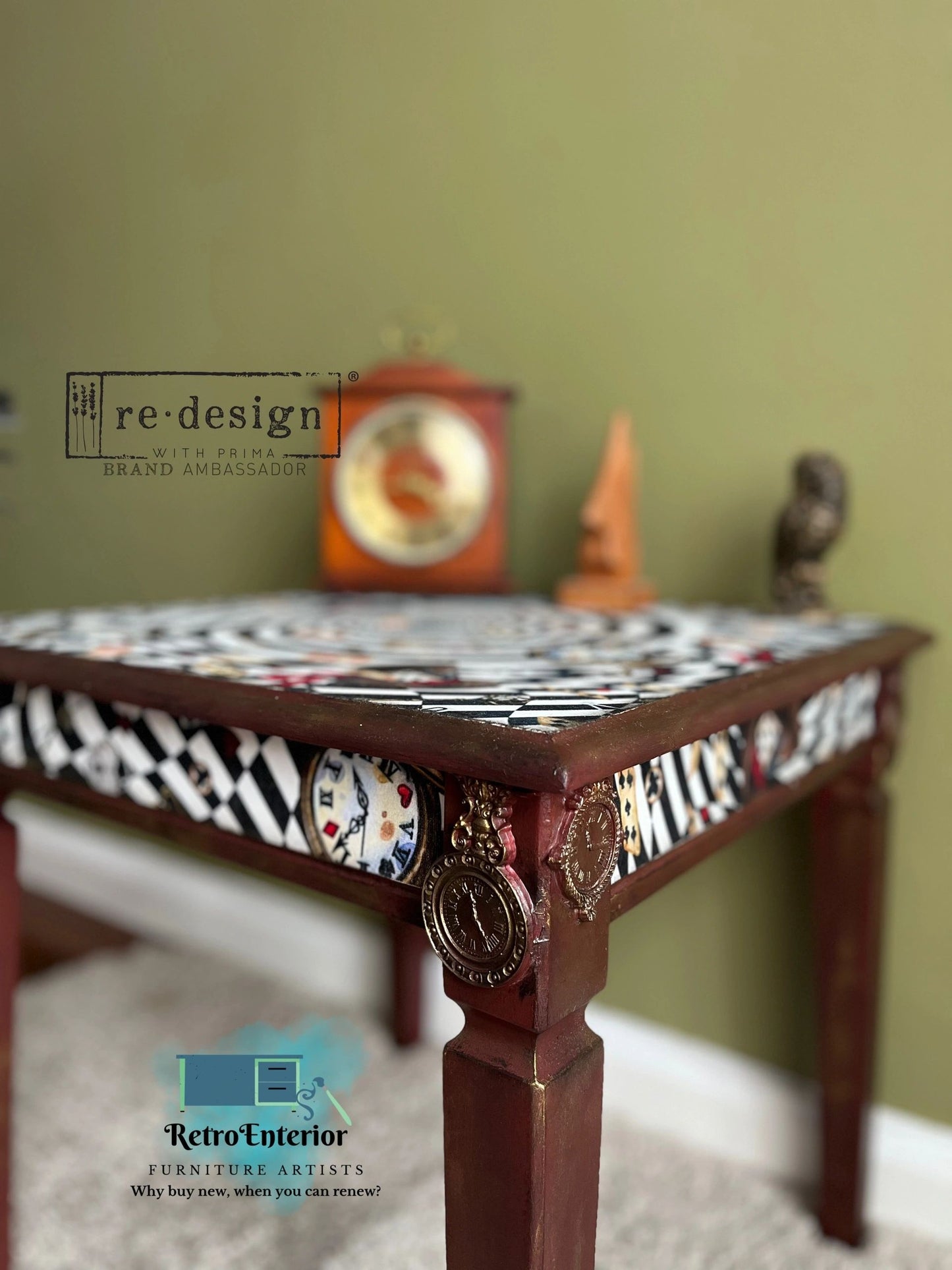 Maroon Side Table with Alice in Wonderland Decoupage & Vintage Clock Leg Embellishments