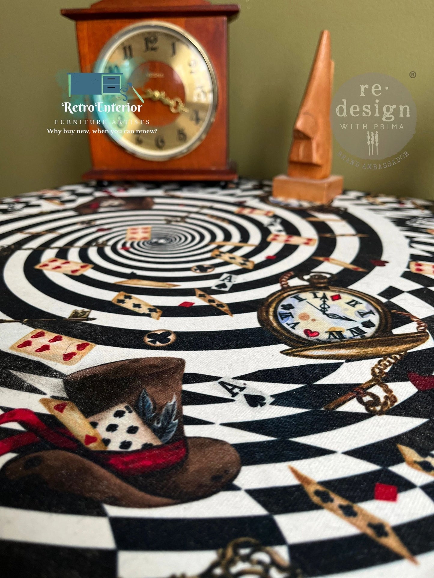 Maroon Side Table with Alice in Wonderland Decoupage & Vintage Clock Leg Embellishments