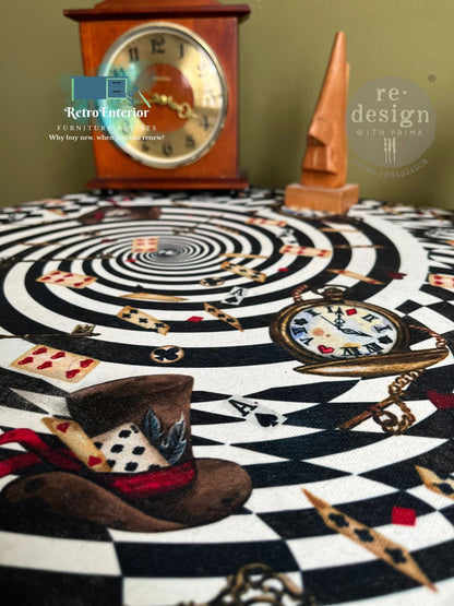 Maroon Side Table with Alice in Wonderland Decoupage & Vintage Clock Leg Embellishments