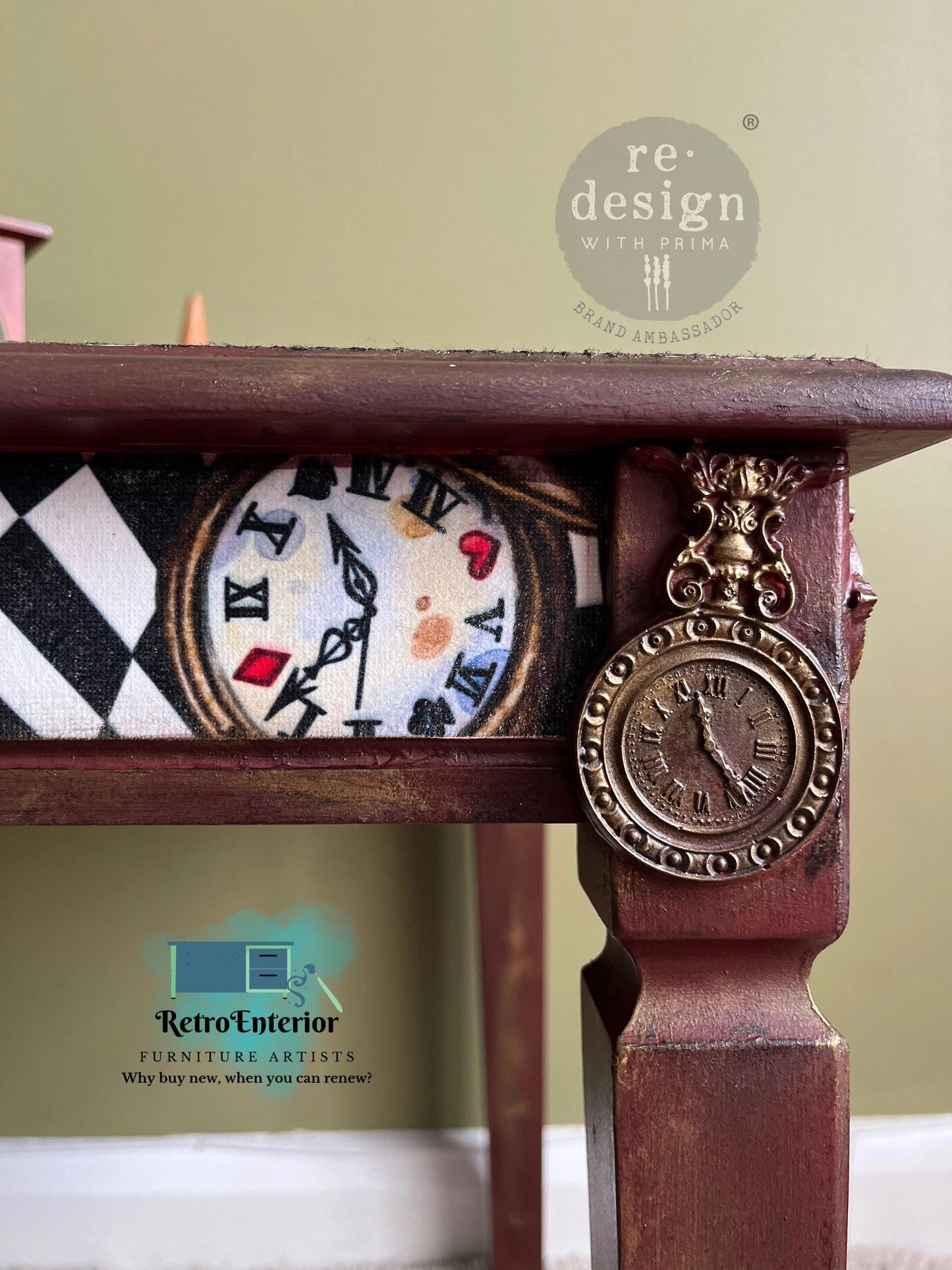 Maroon Side Table with Alice in Wonderland Decoupage & Vintage Clock Leg Embellishments