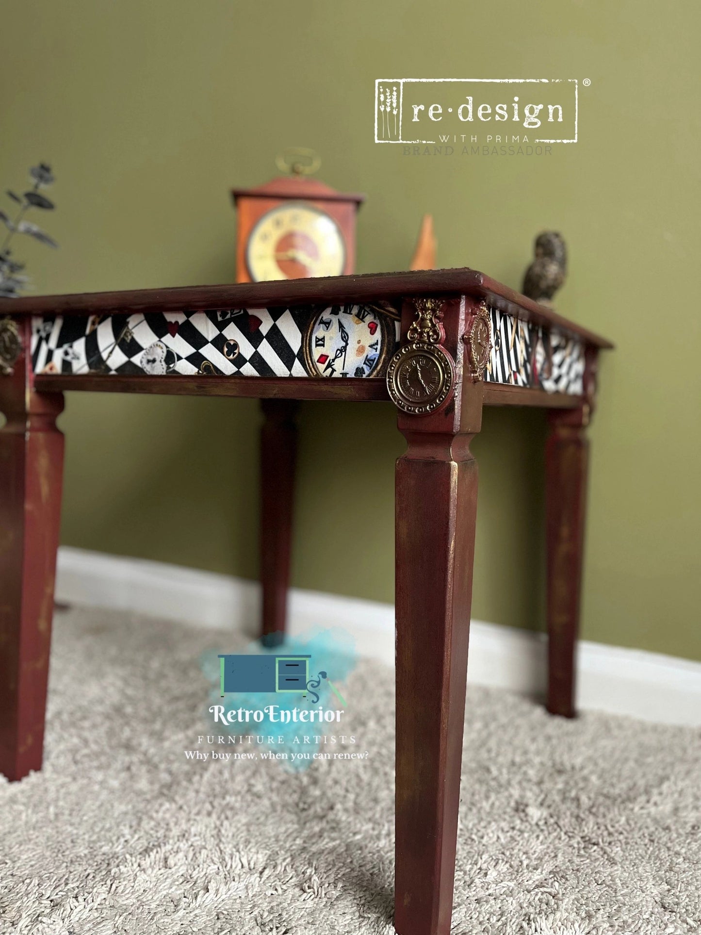 Maroon Side Table with Alice in Wonderland Decoupage & Vintage Clock Leg Embellishments