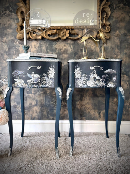 Midnight Crane Vintage Bedside Tables – Elegant Oriental Style Pair