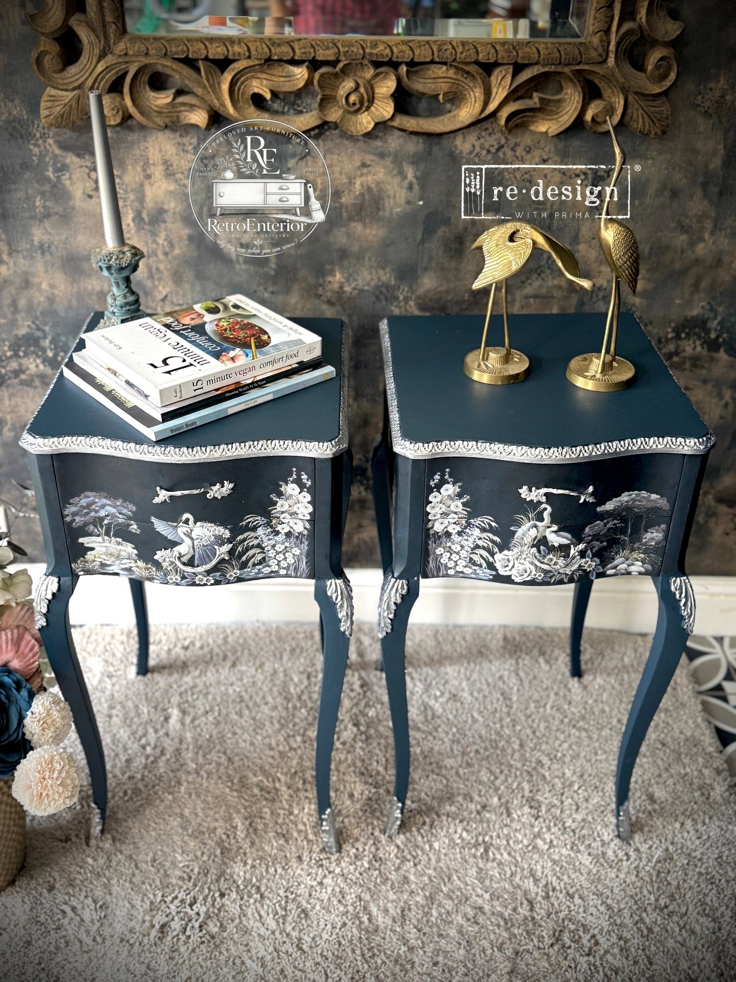 Midnight Crane Vintage Bedside Tables – Elegant Oriental Style Pair