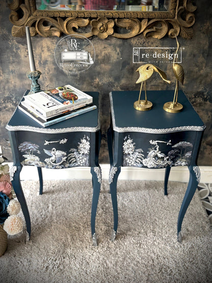 Midnight Crane Vintage Bedside Tables – Elegant Oriental Style Pair