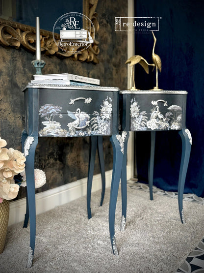 Midnight Crane Vintage Bedside Tables – Elegant Oriental Style Pair