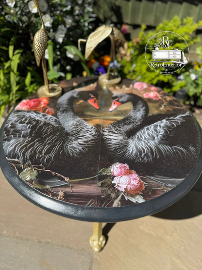 🖤 Midnight Swan Floral Side Table – Handcrafted Statement Piece 🖤