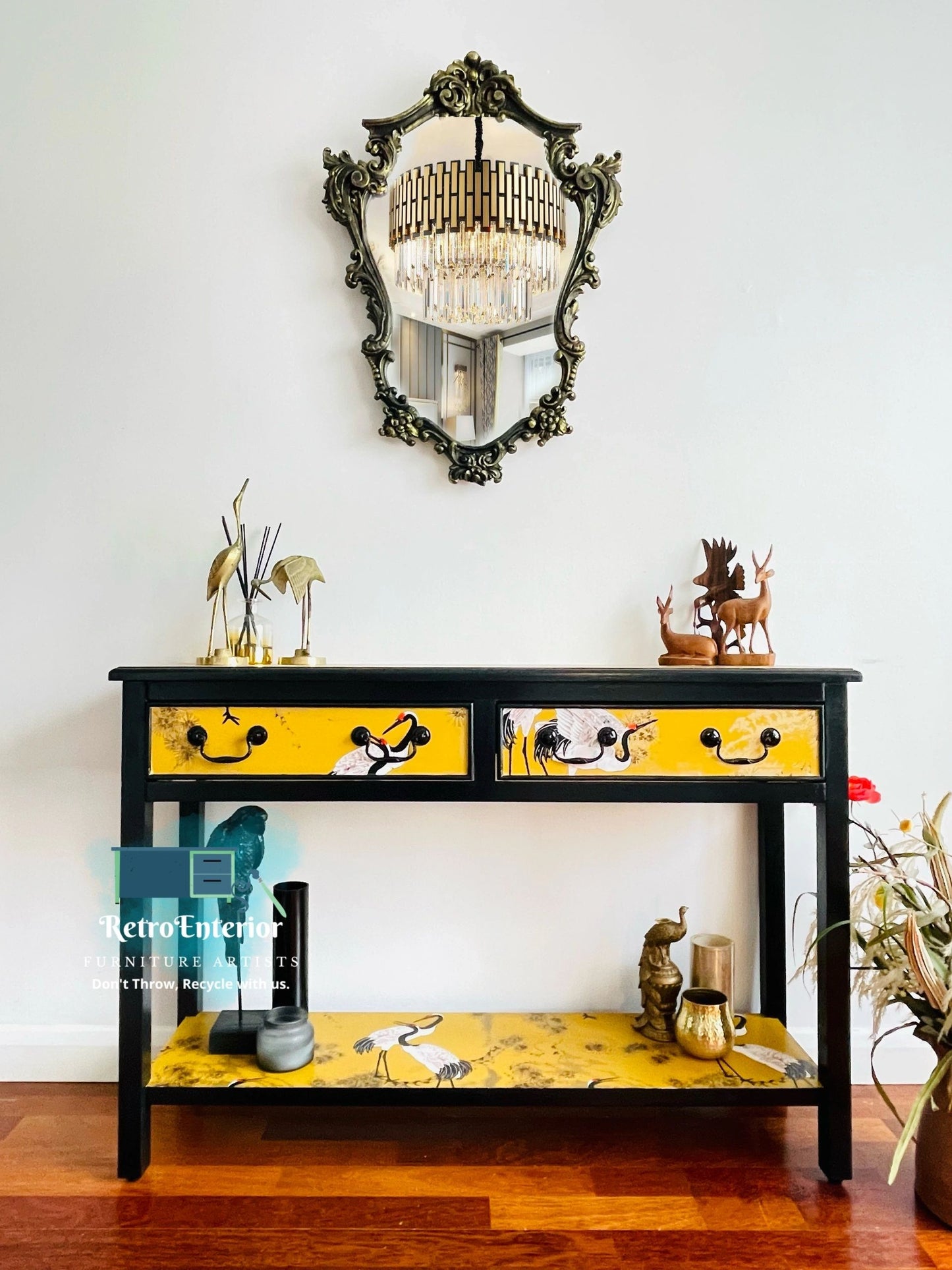 Oriental/chinese bird design yellow and gold console table